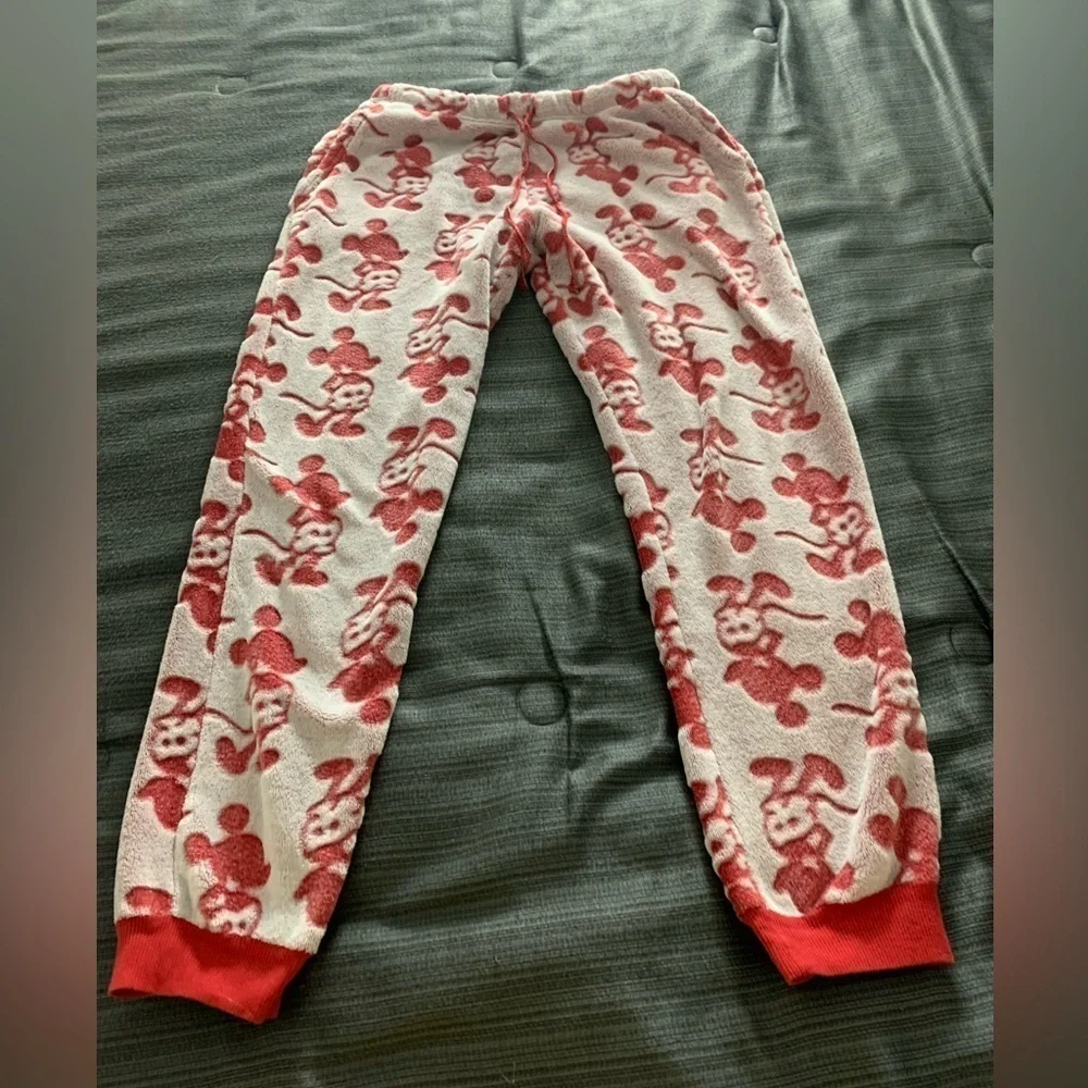 Disney Fleece Mickey Mouse Pajama Set Top Pants Red Cream Medium - Picture 9 of 15